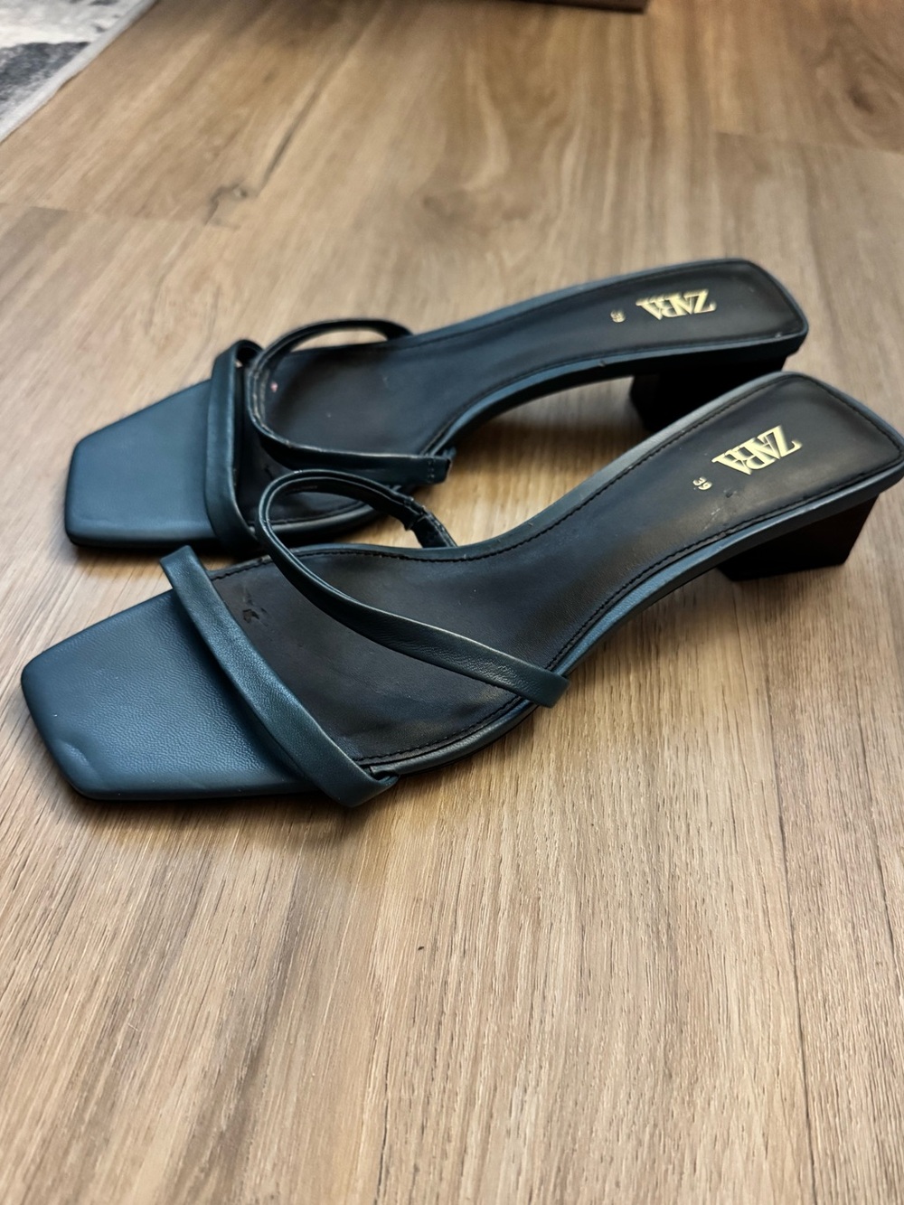 Zara Dark Blue Minimal Strappy Low Block Slides Heels Size 39
